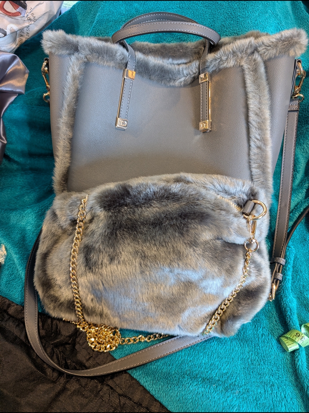 Dune London Gray Faux-Fur Trim Tote with Matching Fur Crossbody